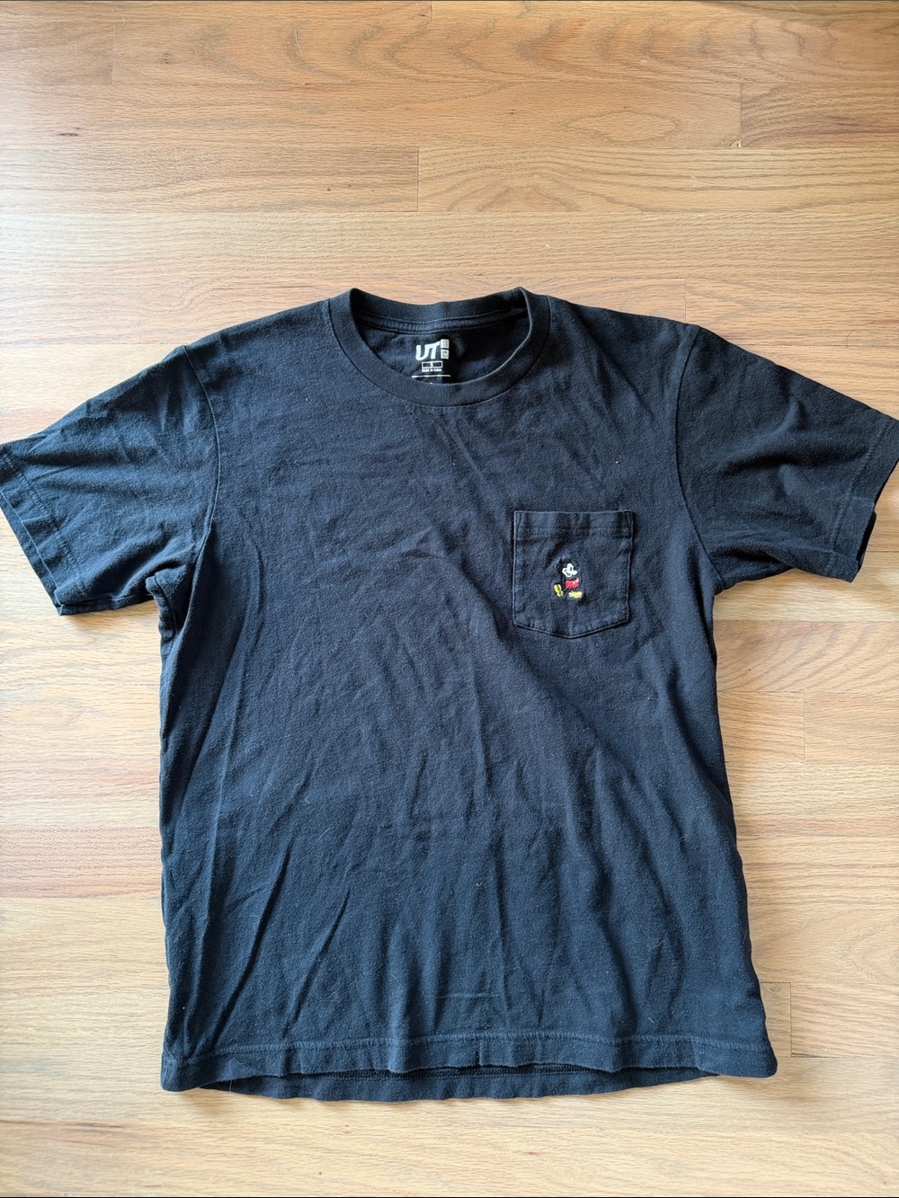 Uniqlo Black Short Sleeve Pocket Tee with Small Mickey Embroidery